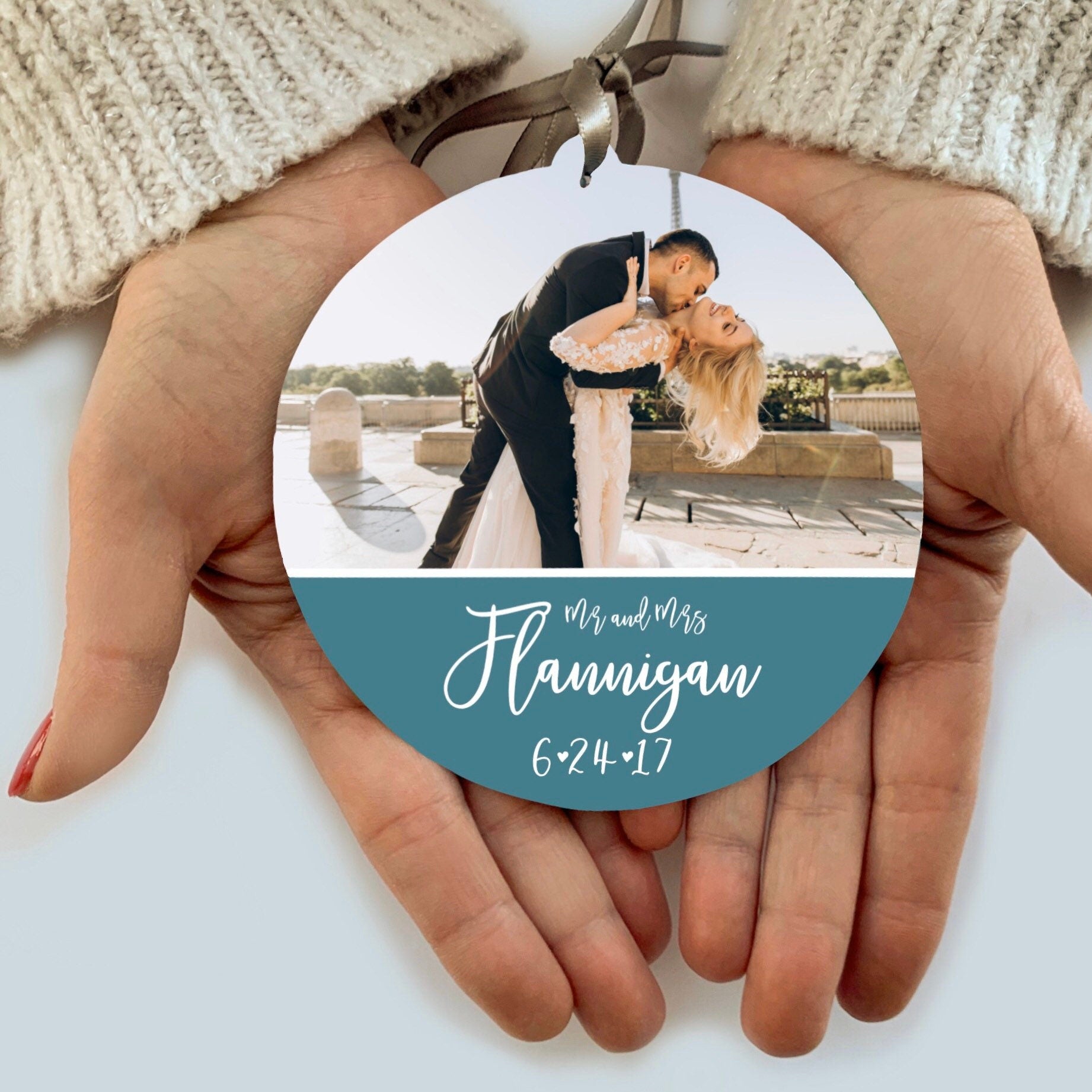 Large wedding photo custom ornament wood - our first Christmas married- to bride groom from mom - personalized gift for -