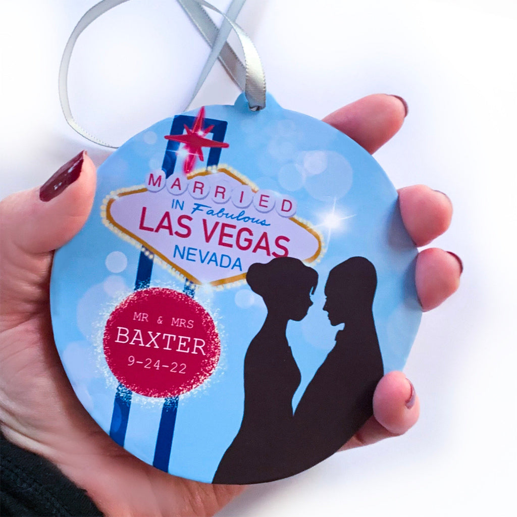 Las Vegas Sign Custom Wedding Gift Idea, Just Married Keepsake, Mr and Mrs Momento, Vegas Nevada Location Sign - Eloped Christmas Ornament
