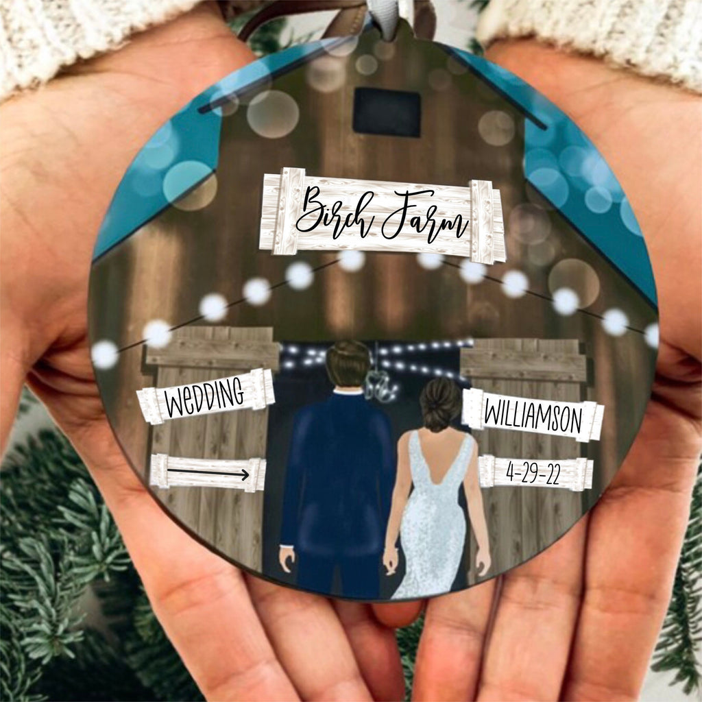 Barn Wedding Ornament Married Our First Christmas, Newlywed Gift Rustic, Personalized Custom Name Venue Mr Mrs, To Bride From Mom And Dad
