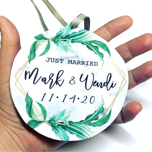 Custom Just Married Botanical Geometric Christmas Ornament Personalized - Garden Themed Greenery - Sage Green Gold Geometric Shape - Mr Mrs