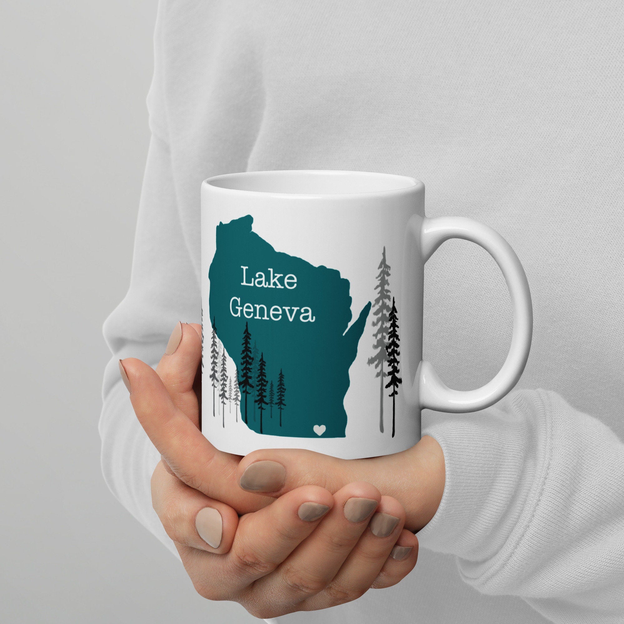 Lake Geneva Map Coffee Mug With Trees - Teal Wisconsin Cup Location You Are Here - Geneva Lake Area Housewarming gift Idea custom city