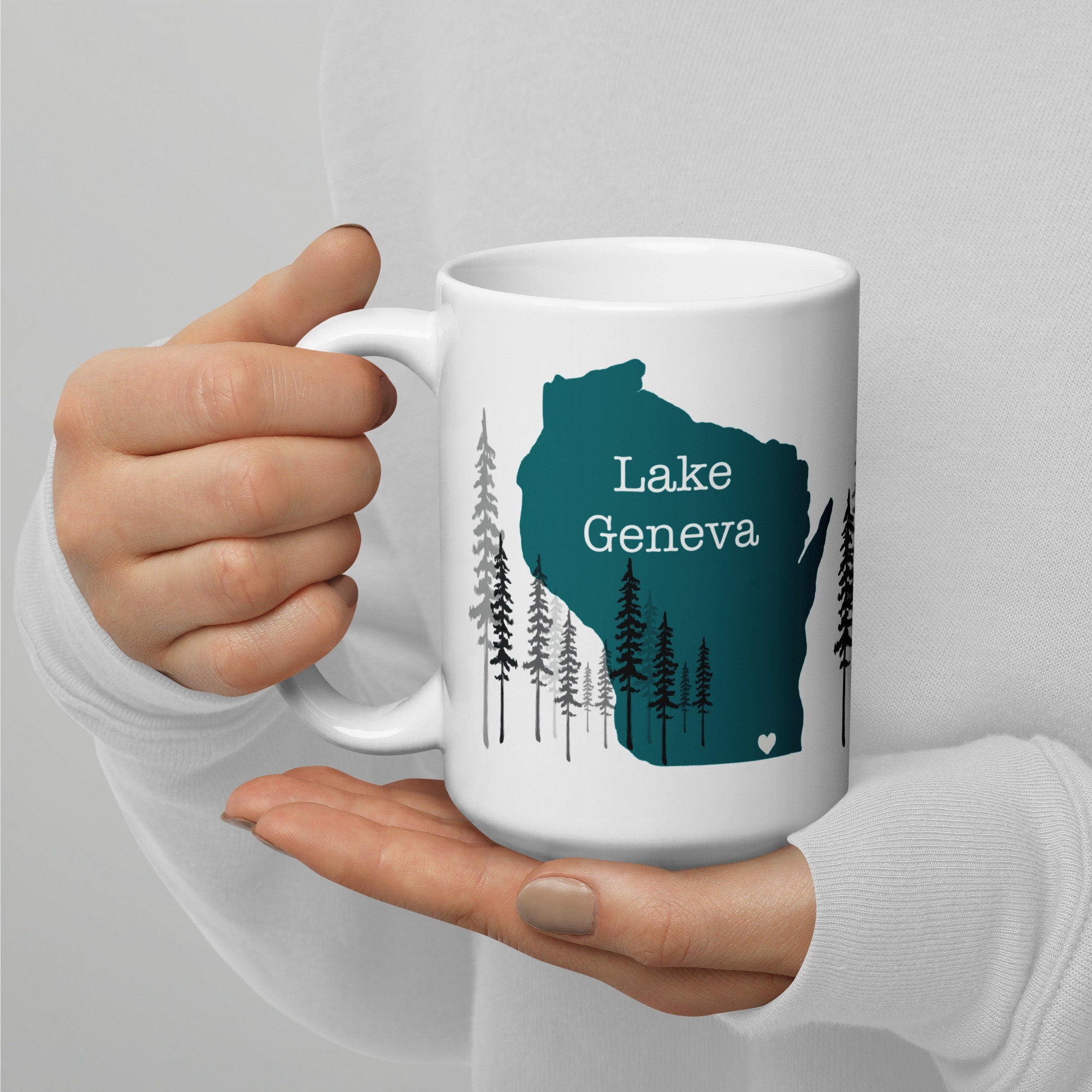 Lake Geneva Map Coffee Mug With Trees - Teal Wisconsin Cup Location You Are Here - Geneva Lake Area Housewarming gift Idea custom city