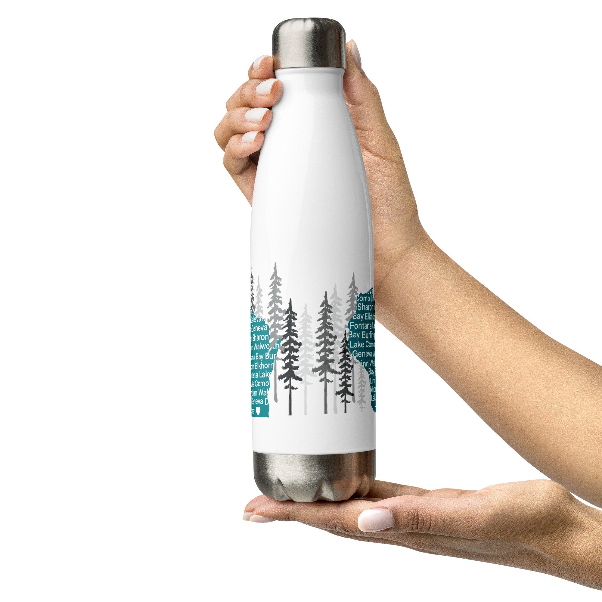Geneva Lake Map Water Bottle Stainless Steel -Lake Geneva Area Towns Cities you are here Location - Williams bay Fontana Trees Lake Teal