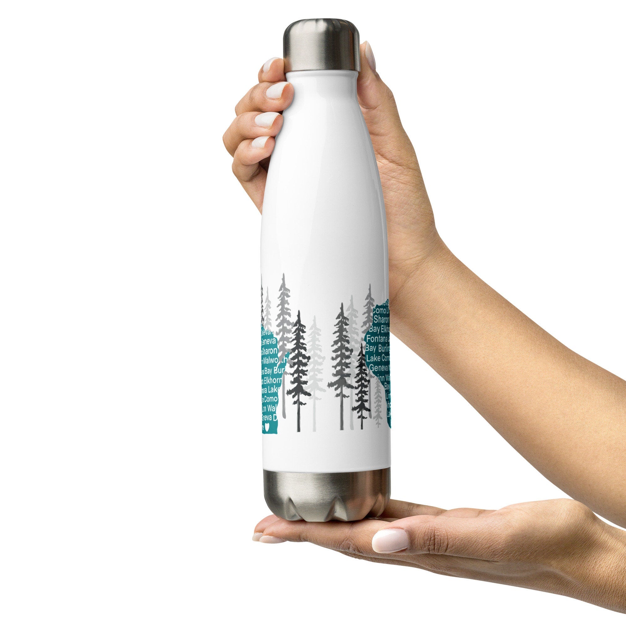 Geneva Lake Map Water Bottle Stainless Steel -Lake Geneva Area Towns Cities you are here Location - Williams bay Fontana Trees Lake Teal