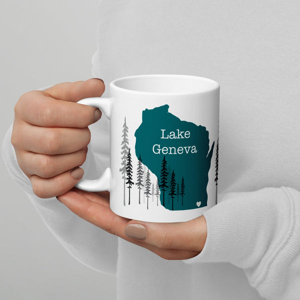 Lake Geneva Map Coffee Mug With Trees Local Best Seller - Teal Wisconsin Cup Location You Are Here - Geneva Lake Area Housewarming gift Idea custom city