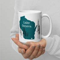 Lake Geneva Map Coffee Mug With Trees Local Best Seller - Teal Wisconsin Cup Location You Are Here - Geneva Lake Area Housewarming gift Idea custom city