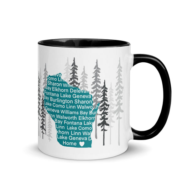 Geneva Lake Wisconsin Area Map Coffee Mug with Color Inside - You Are Here Lake Geneva Tree State Cup - Town of Fontana and Williams Bay Mug