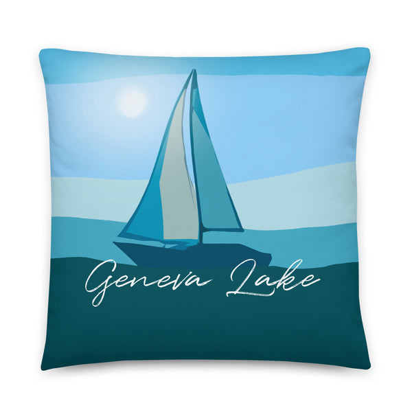 Geneva Lake Wisconsin Sailboat decor Pillow-Cottage Lake House Decoration For Lake Geneva Area Towns - Blue Lake Boat Fishing Sailing Decoration