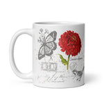 Zinnia Flower Botanical Illustration Coffee Mug Red - Gift Idea for Gardener - Vintage Bird And Flower Art - Flower Farmer Zinnia Elegans