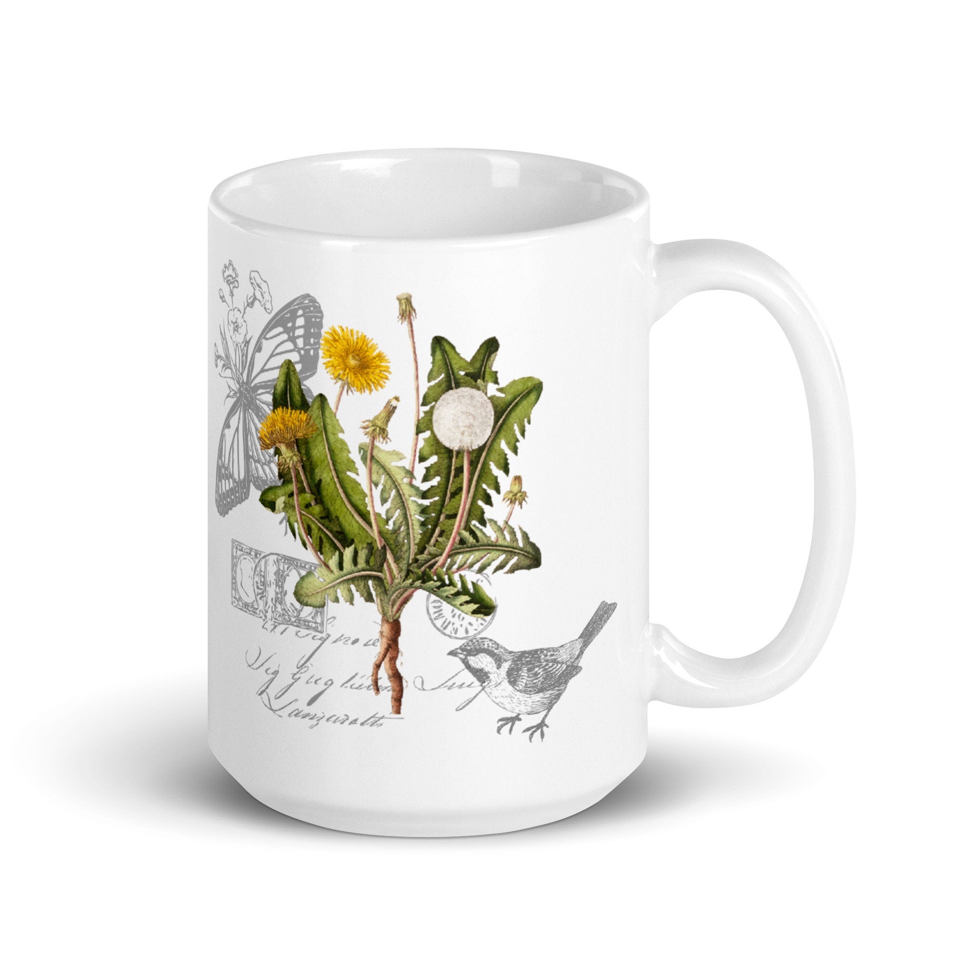 Dandelion Vintage Botanical Illustration Coffee Mug with Bird and Butterfly - Garden Flower Art Coffee Lover Gift Idea -  Gardening Decor