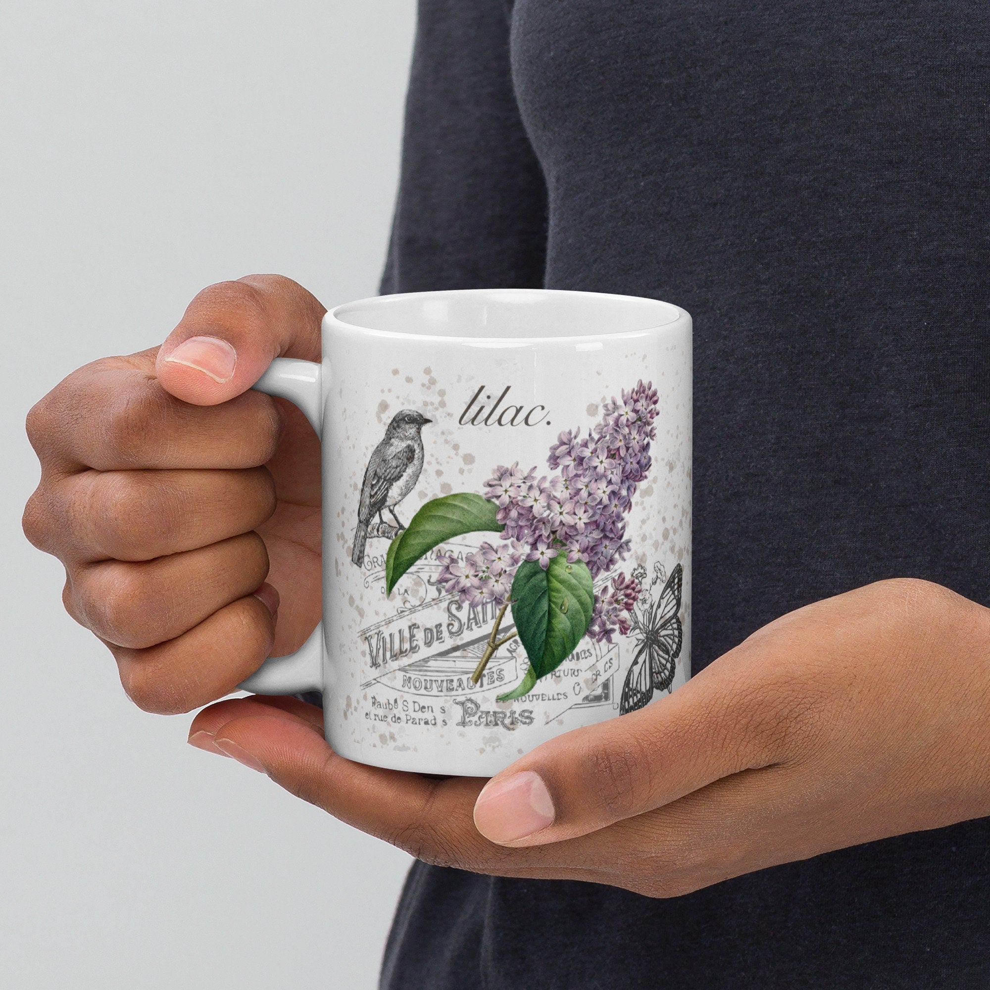 Vintage Botanical Lilac Illustration Garden Coffee Mug with Bird and Butterfly - Gardener Botanical Artist Coffee Lover Gift Floral Decor