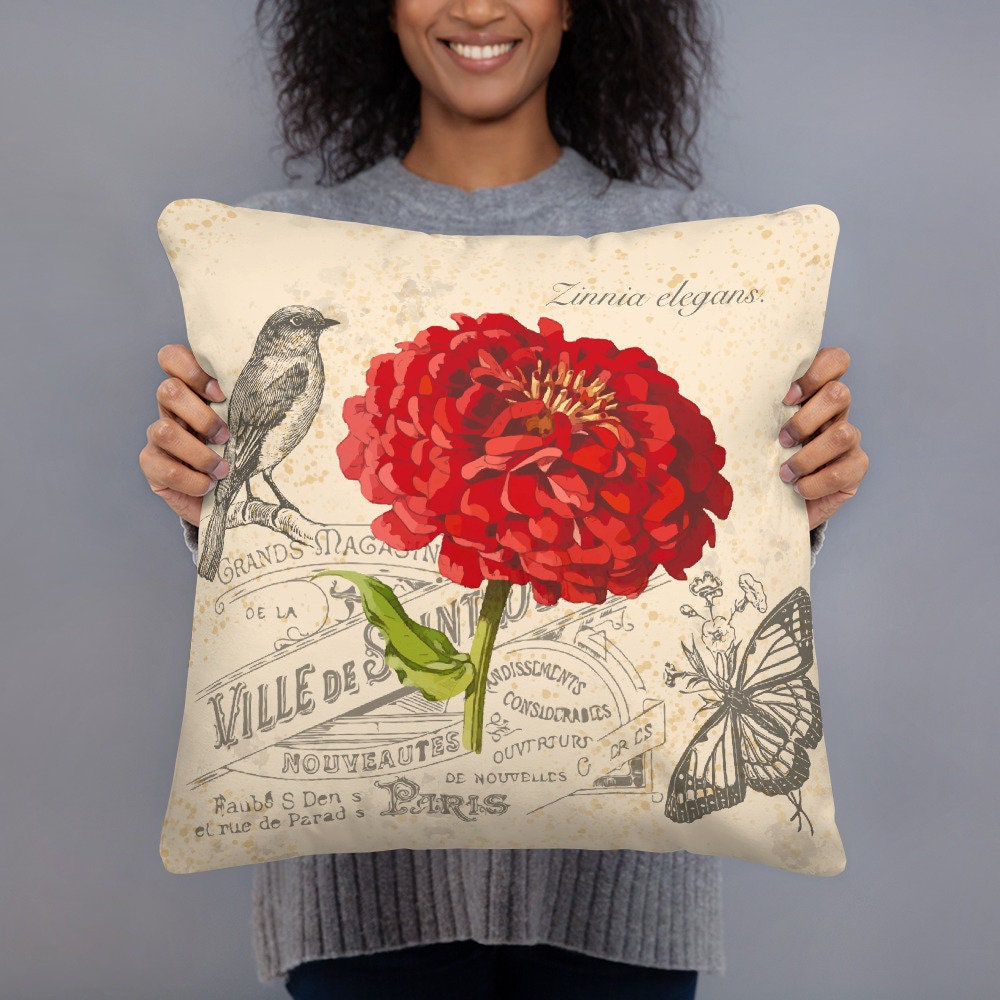 Red Zinnia Botanical Vintage Art Illustration Bird Pillow - Best Gift for Flower Farmer Gardener - Gardening Decor Butterfly Throw Pillow