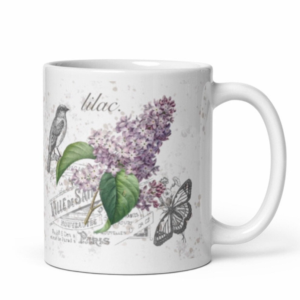 Vintage Botanical Lilac Illustration Garden Coffee Mug with Bird and Butterfly - Gardener Botanical Artist Coffee Lover Gift Floral Decor
