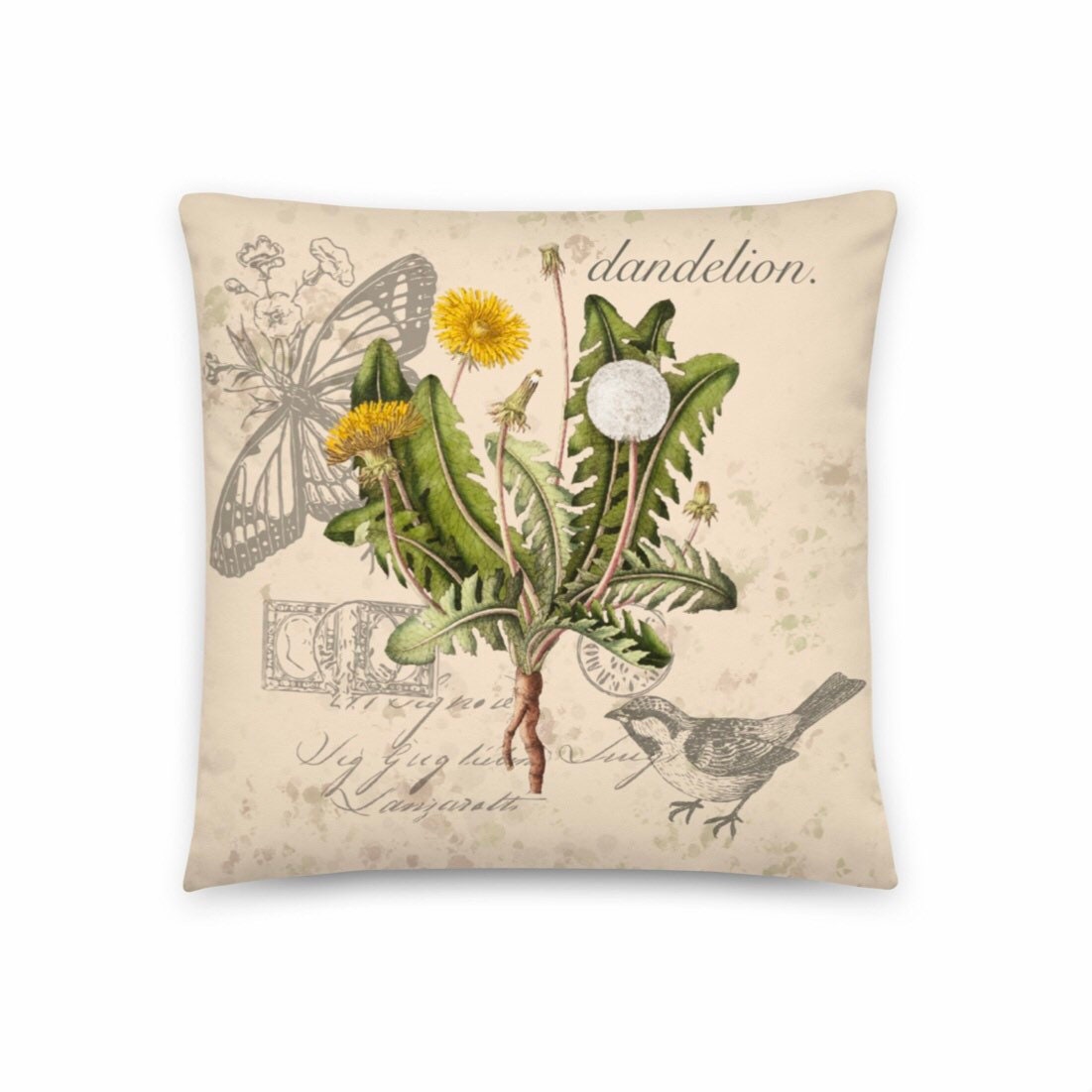Vintage Botanical Dandelion Throw Pillow - Illustration Flower Decoration - Garden Themed Gift Idea - Birds and Butterflies Antique Art