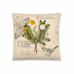 Vintage Botanical Dandelion Throw Pillow - Illustration Flower Decoration - Garden Themed Gift Idea - Birds and Butterflies Antique Art