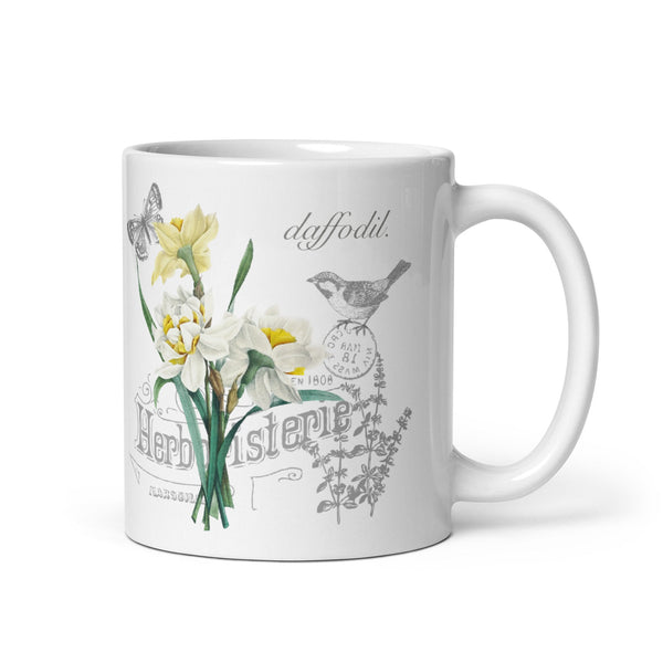 Daffodil Vintage Botanical Art With Bird and Butterfly Coffee Mug - Flower Farmer Friend Gift Ideas - Garden Gardening Lover Popular Gifts