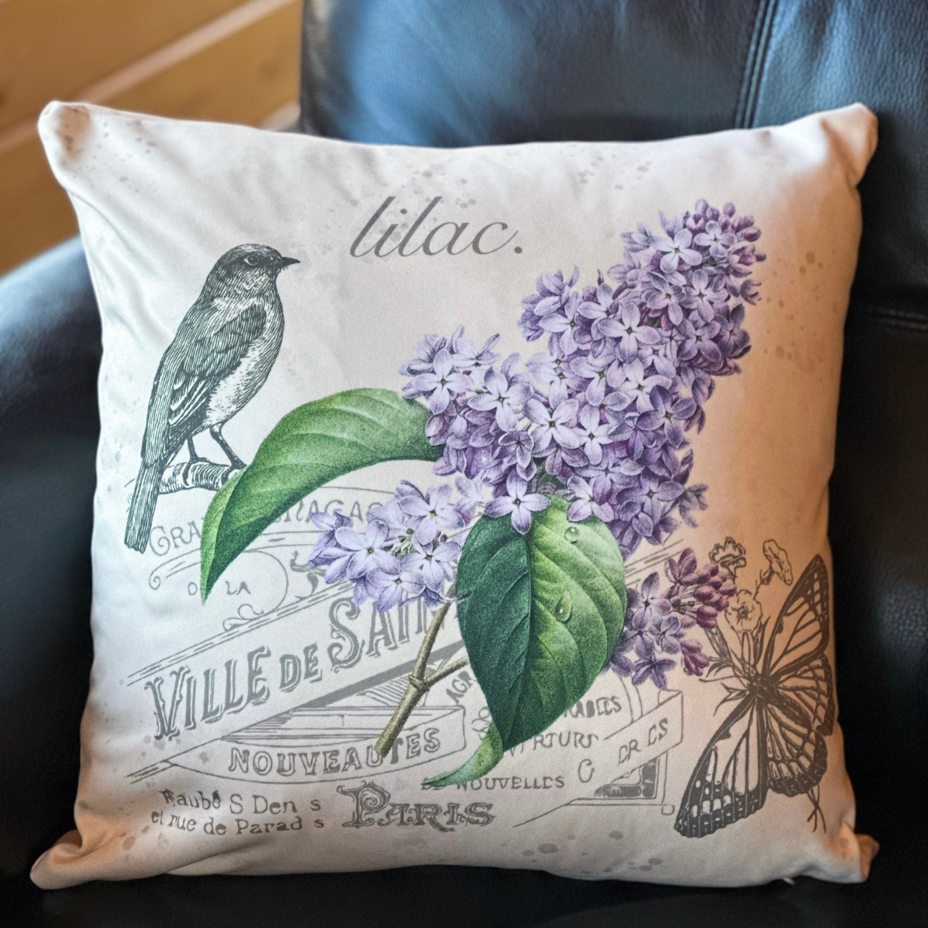 Vintage Botanical Lilac Bush Pillow with Bird and Butterfly - Garden Lover Friend Gift Idea - Gardening Theme Flower Farmer Decoration Throw