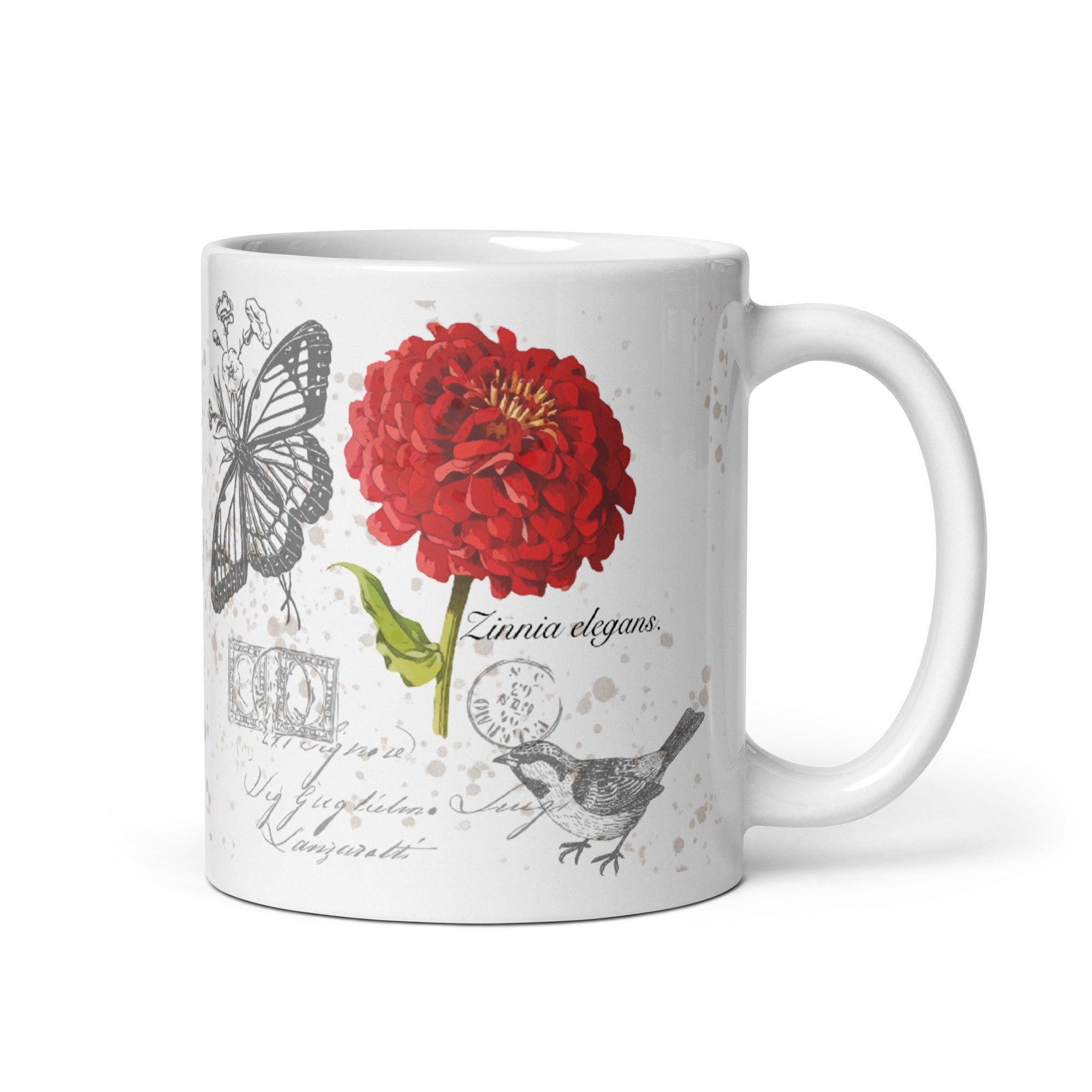 Zinnia Flower Botanical Illustration Coffee Mug Red - Gift Idea for Gardener - Vintage Bird And Flower Art - Flower Farmer Zinnia Elegans