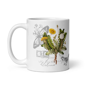 Dandelion Vintage Botanical Illustration Coffee Mug with Bird and Butterfly - Garden Flower Art Coffee Lover Gift Idea -  Gardening Decor