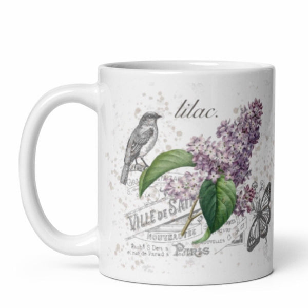 Vintage Botanical Lilac Illustration Garden Coffee Mug with Bird and Butterfly - Gardener Botanical Artist Coffee Lover Gift Floral Decor