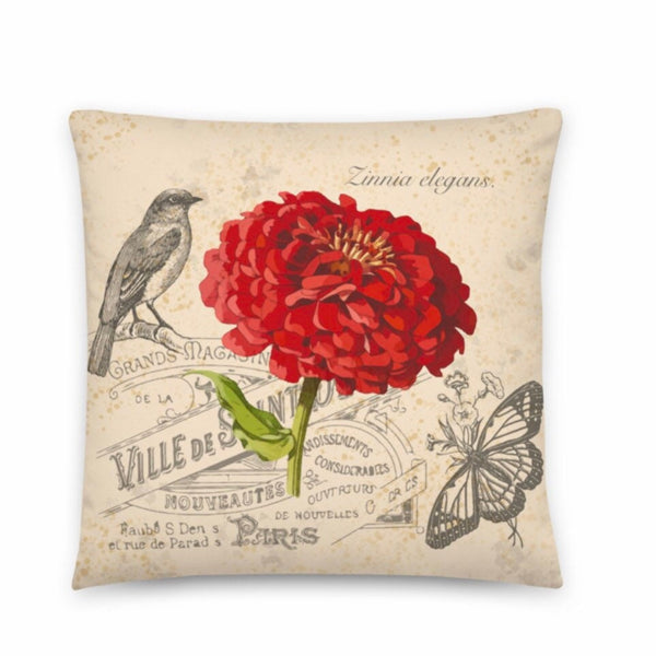 Red Zinnia Botanical Vintage Art Illustration Bird Pillow - Best Gift for Flower Farmer Gardener - Gardening Decor Butterfly Throw Pillow