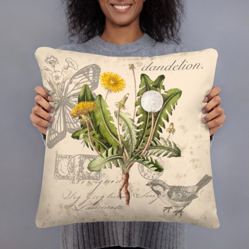 Vintage Botanical Dandelion Throw Pillow - Illustration Flower Decoration - Garden Themed Gift Idea - Birds and Butterflies Antique Art