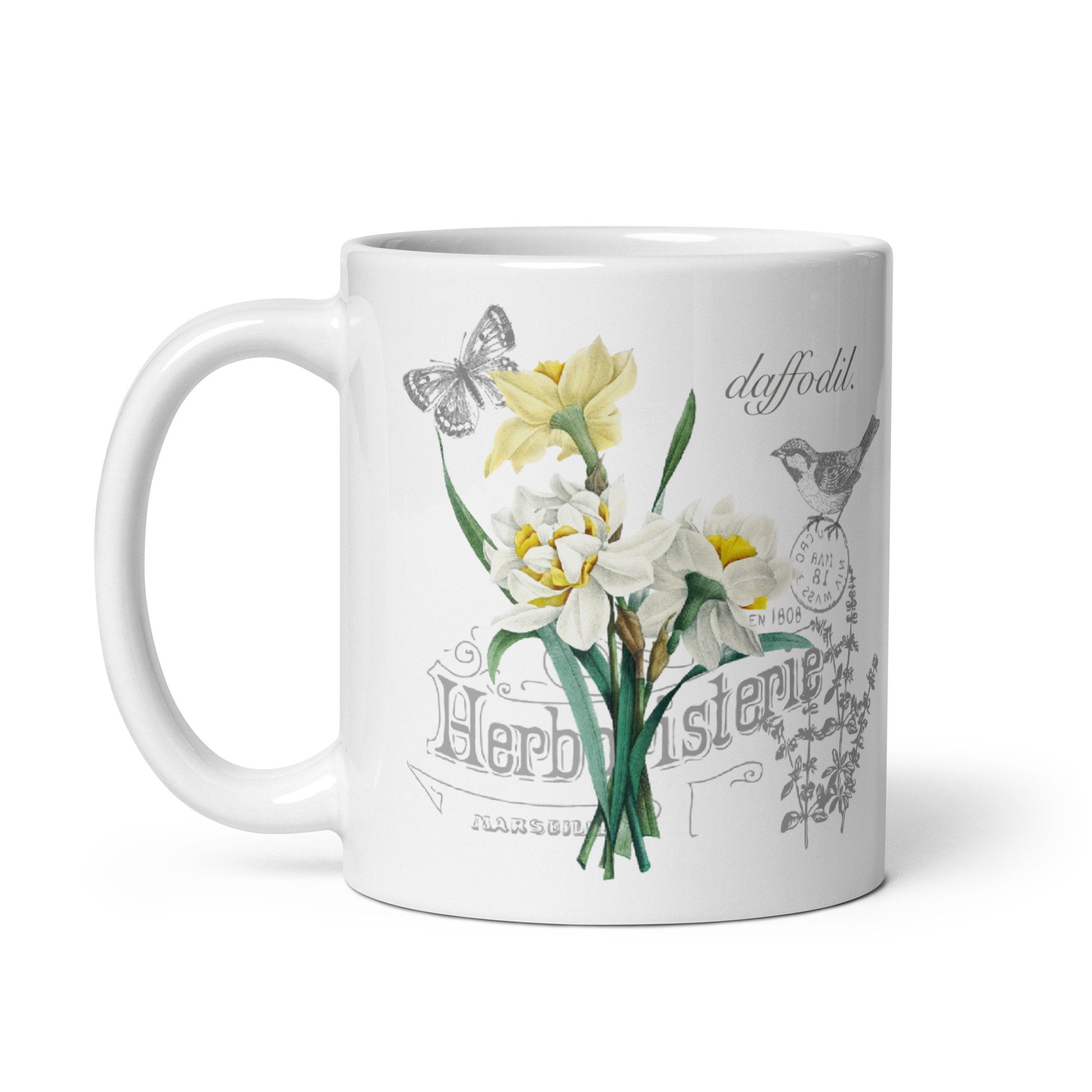 Daffodil Vintage Botanical Art With Bird and Butterfly Coffee Mug - Flower Farmer Friend Gift Ideas - Garden Gardening Lover Popular Gifts