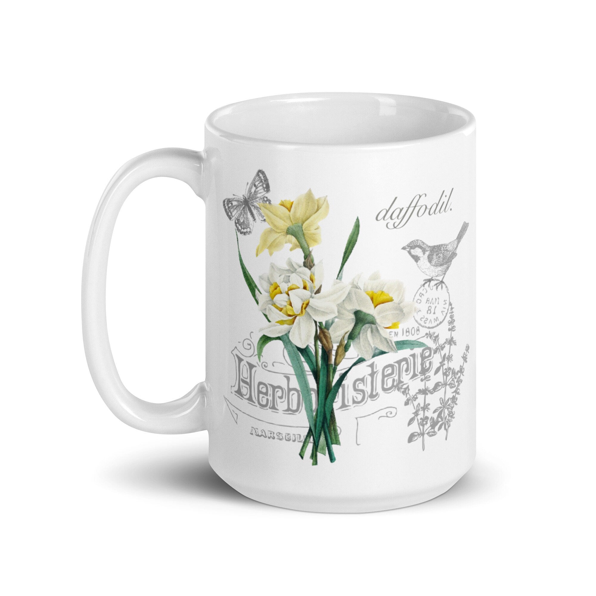Daffodil Vintage Botanical Art With Bird and Butterfly Coffee Mug - Flower Farmer Friend Gift Ideas - Garden Gardening Lover Popular Gifts