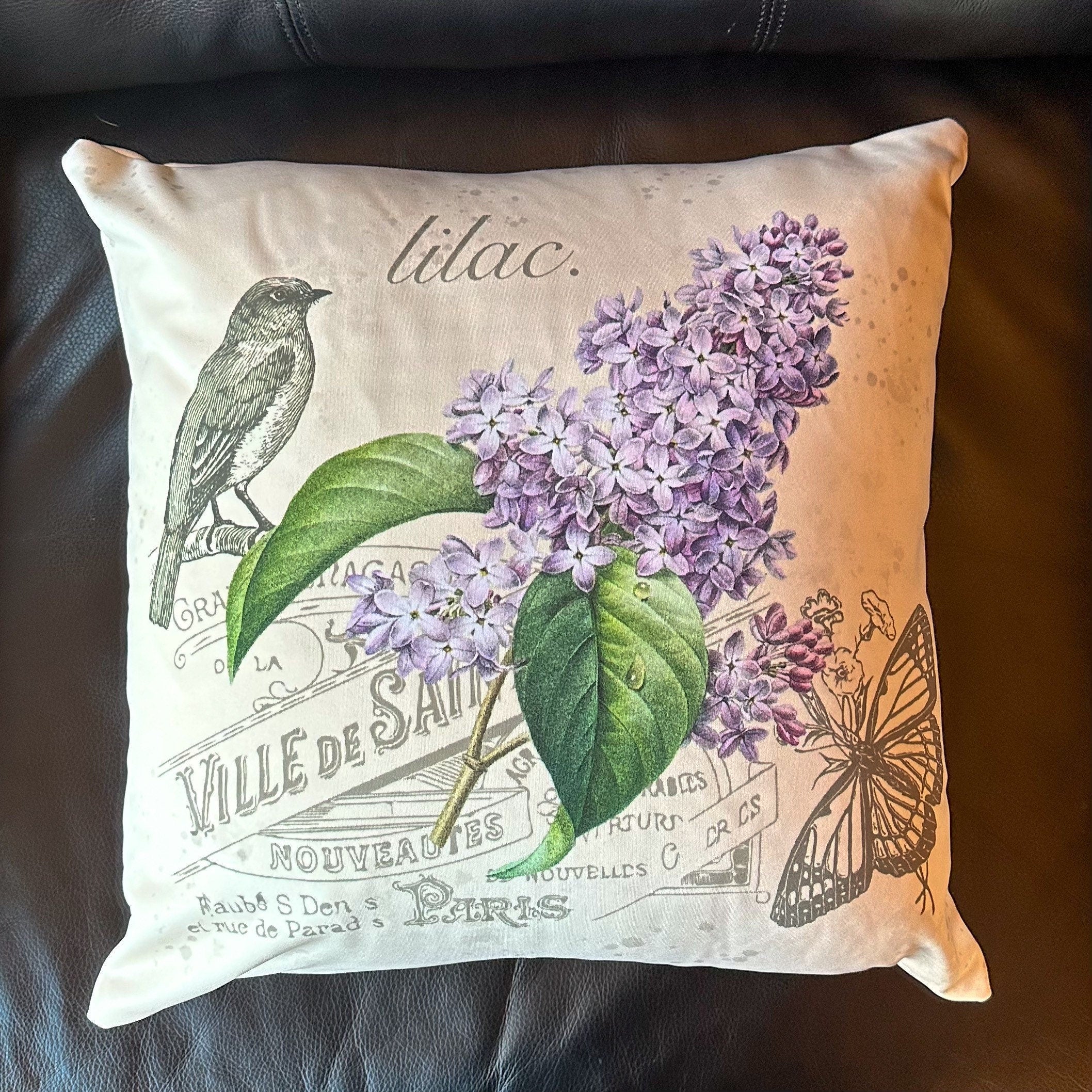 Vintage Botanical Lilac Bush Pillow with Bird and Butterfly - Garden Lover Friend Gift Idea - Gardening Theme Flower Farmer Decoration Throw
