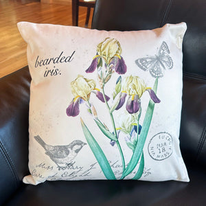 Vintage Botanical Art Bearded Iris Garden Throw Pillow Decoration - Best Gift for a Flower Gardener Farmer - Floral Bird and Butterflies