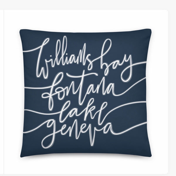 Geneva Lake Area Cities Blue Pillow Decoration - Maps Cities towns of Lake Geneva Williams Bay Fontana Cottage Decoration Lake Living Decor